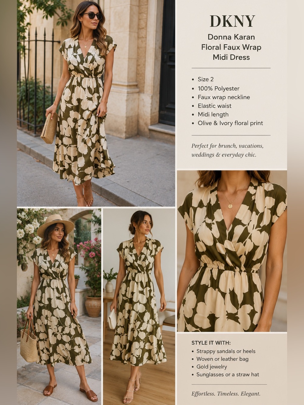 DKNY Donna Karan Floral Faux Wrap Midi Dress Olive Ivory Size 2